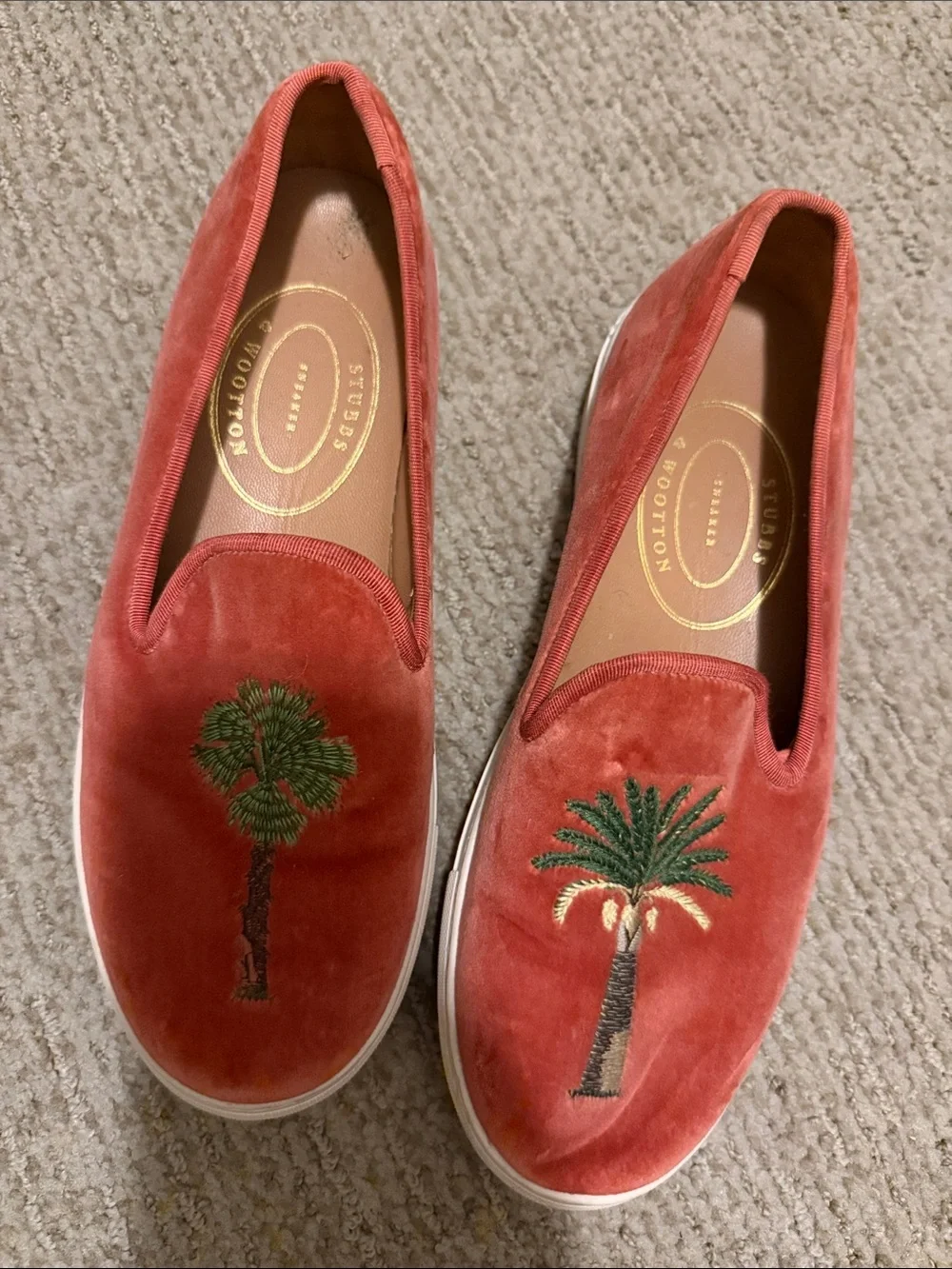 Stubbs & Wooten Coral Velvet Slip-On Sneakers with Palm Embroidery, Sz 8